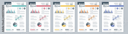 DIN A3 business brand manual templates set. Company identity brochure page with infographic financial data. Marketing research, and commercial offer. Vector layout design for poster, cover, brochure photo