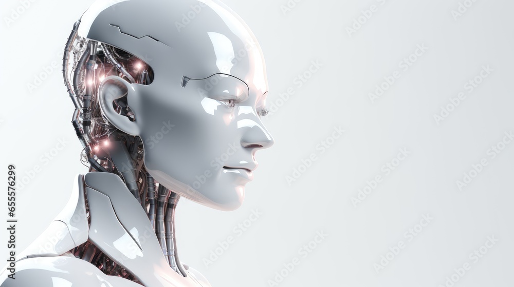 White glossy android robot or cyborg head artificial intelligence with light white copyspace from near bionic future machinery