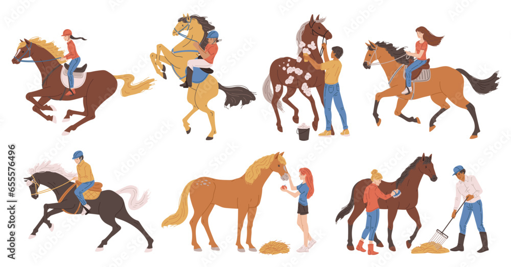 Set of people and horses flat style, vector illustration