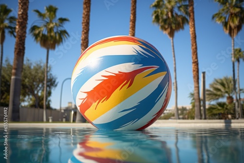 close-up of an inflated beach ball with palm trees in the background