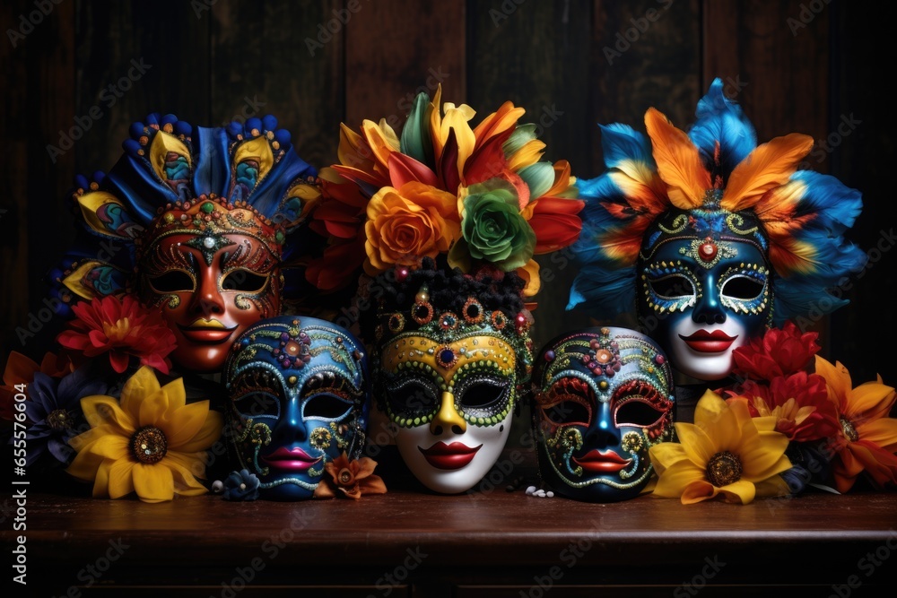 colorful carnival masks on a dark wooden table