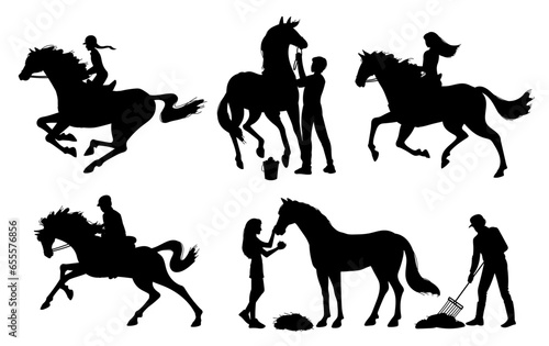 Set of people caring for horses black silhouettes flat style, vector illustration