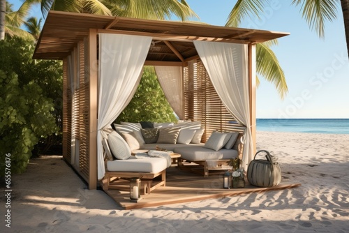 private beach cabana with lounge chairs and champagne photo
