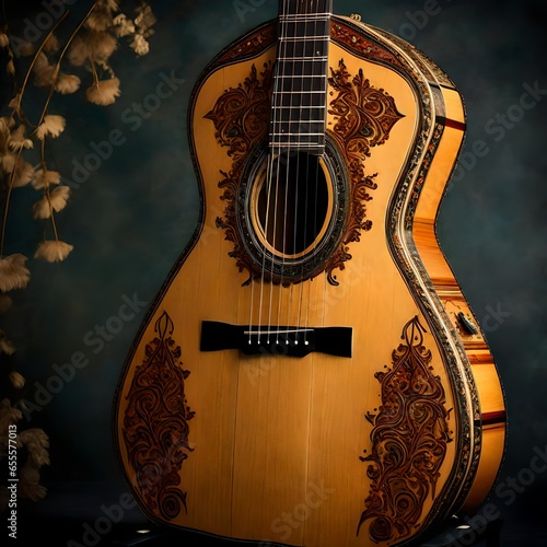 A very intricate illustration of a vintage acoustic guitar suitable for an album cover. 