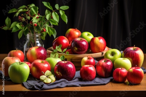 a variety of apples in different colors displayed on a table