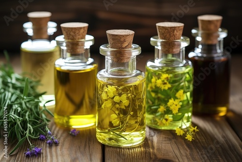 close-up of assorted essential oil bottles on wooden table