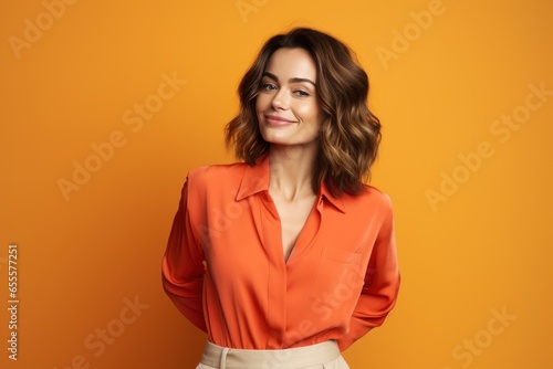 Happy beauty girl, who is smiling and laughing, wearing bright clothes on a orange background. Studio fashion portrait. Copy, empty space for text.