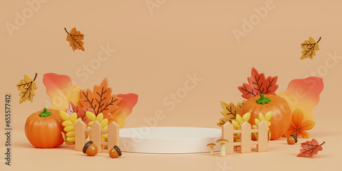 Autumn Display Podium Decoration Background with Autumn leaves and empty minimal podium pedestal product display. 3d render illustration.