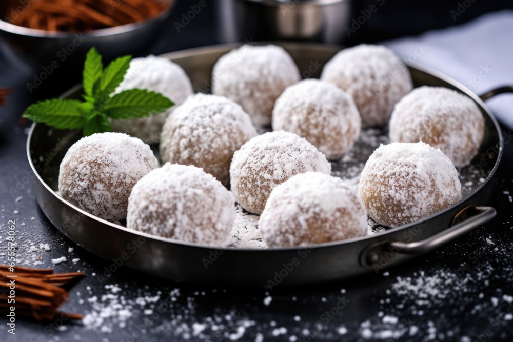 a batch of baked snowball truffles on a metal tray a batch of baked snowball truffles on a metal tray