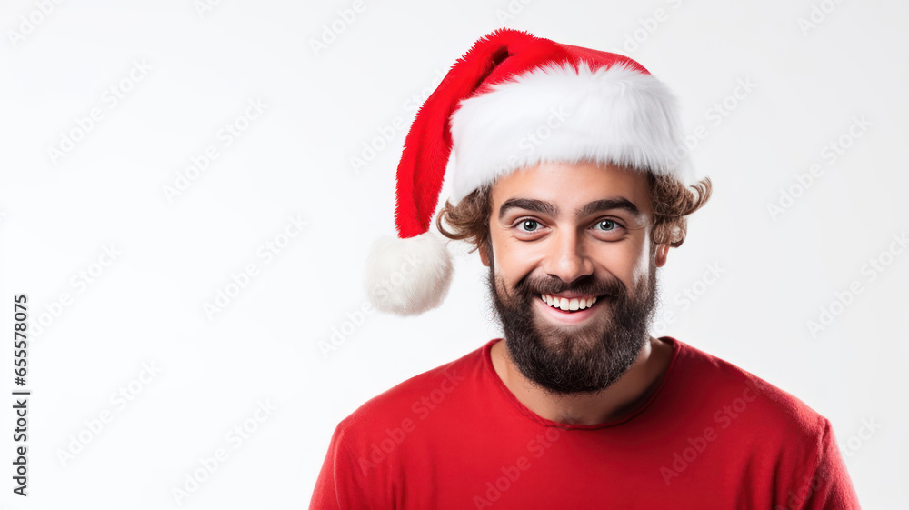 Portrait of smiling man in Santa hat isolated on white background. Merry Christmas and Happy New Year. Portrait of smiling man in Santa hat isolated on white background. Merry Christmas and Happy New Year.