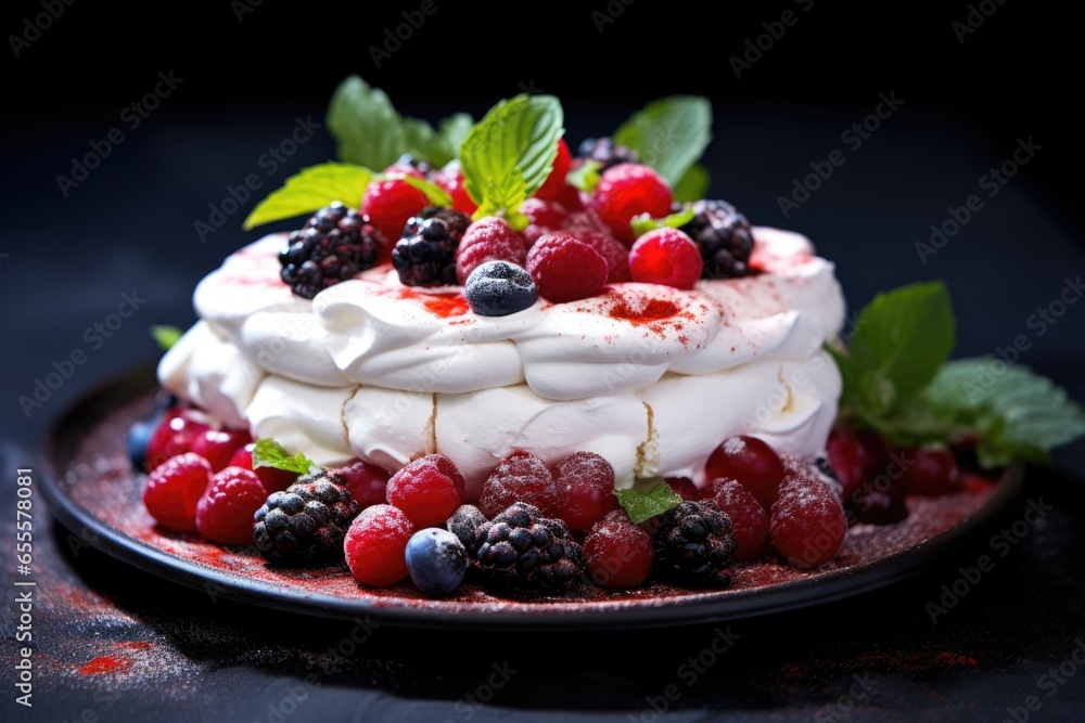 a snow white pavlova ornamented with winter berries and mint leaves a snow white pavlova ornamented with winter berries and mint leaves