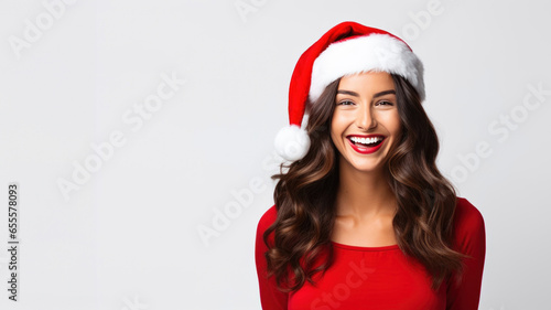 Portrait of smiling woman in Santa hat isolated on white background. Merry Christmas and Happy New Year.