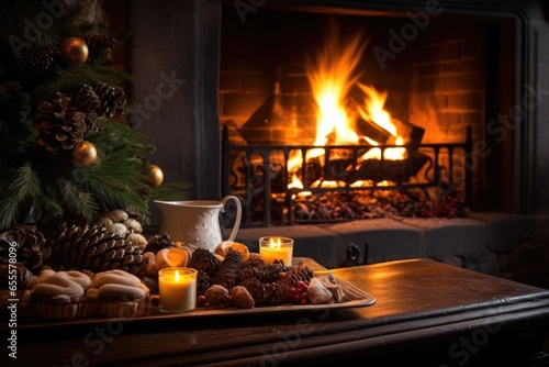 yule log burning in a stone fireplace