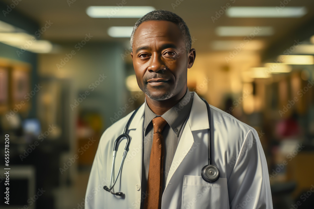 Fototapeta premium Portrait african american male doctor in hospital corridor