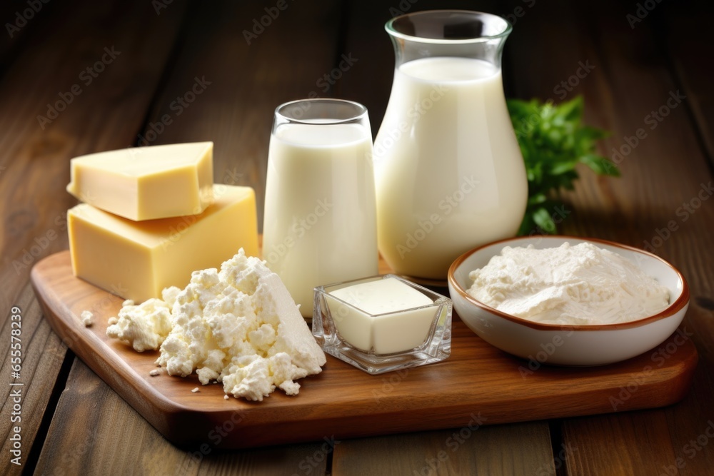 fat-free dairy products on a polished wooden table fat-free dairy products on a polished wooden table