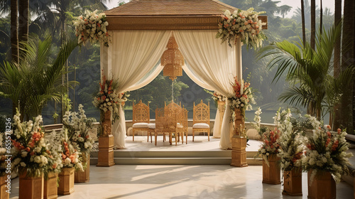 Javanese Outdoor Wedding Pavilion with Large Canopy, Vibrant Batik Cloth Curtains, Javanese Wedding Ceremony Elegance © Magenta Dream