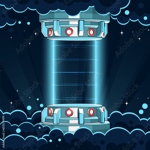 Teleportation machine in space. Teleport portal in space retro style. Vector illustration.