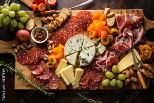 a flatlay of sliced meats and cheeses on a wooden board
