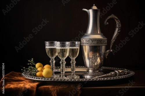 champagne glasses and a pitcher on a silver platter