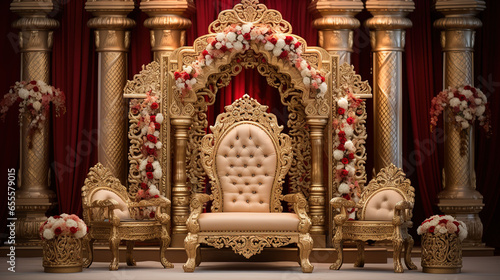 Magnificent Indian Wedding Stage, Flower Arrangements, Cascading Fabrics, Intricately Carved Thrones photo