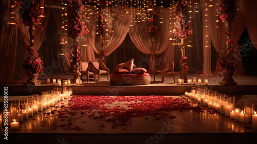 Sacred Wedding Ceremony Concept with Spiritually Mandap, Fragrant Flowers and Holy Fire photo