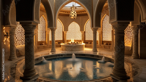 Traditional Arabic Hammam (Bath) With Intricate Tiles, Mosaic Patterns, Carved Marble Benches, Arabic Spa Luxury photo