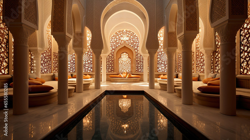 Traditional Arabic Hammam (Bath) With Intricate Tiles, Mosaic Patterns, Carved Marble Benches, Arabic Spa Luxury photo