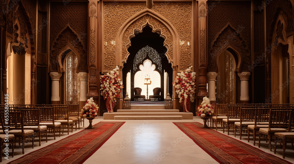 Traditional Arabic Wedding Ceremony, Curved Background, Ornate Carpet, Luxury Fabrics And Flower Arrangements