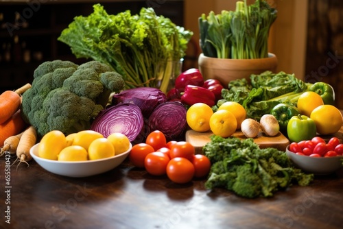 Fototapeta Naklejka Na Ścianę i Meble -  colorful selection of whole fruits and vegetables on a table