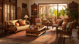 Traditional Indian Living Room, Low Seating, Ornate Wood Furniture, Hand Woven Rugs and Brass Accents