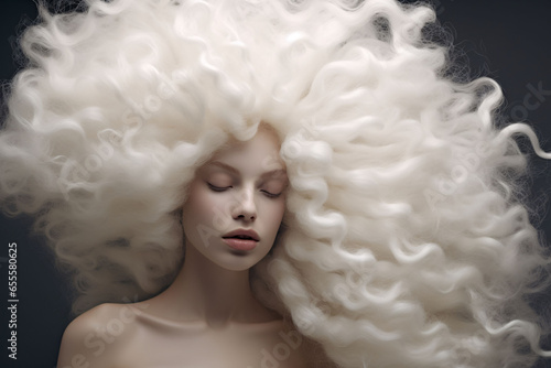 A Captivating Portrait of a Woman with Exquisitely Thick and Voluminous White Hair, Where Natural Beauty and Opulent Tresses Merge in a Stunning Display of Glamour and Confidence
