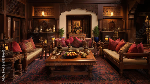 Traditional Indian Living Room, Low Seating, Ornate Wood Furniture, Hand Woven Rugs and Brass Accents