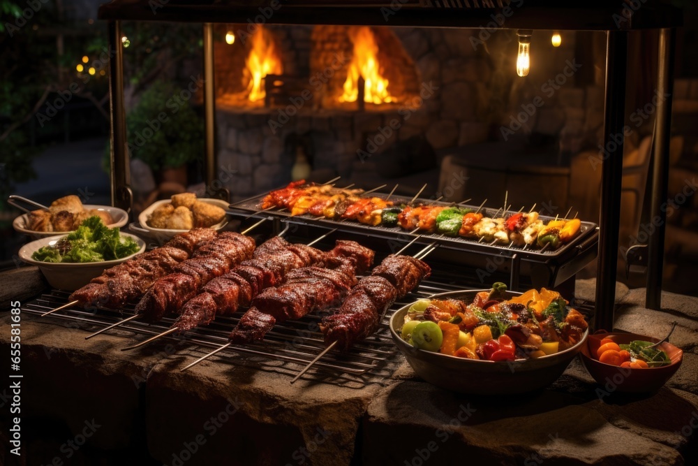 brazilian style bbq setup with fire-grilled meat and skewers