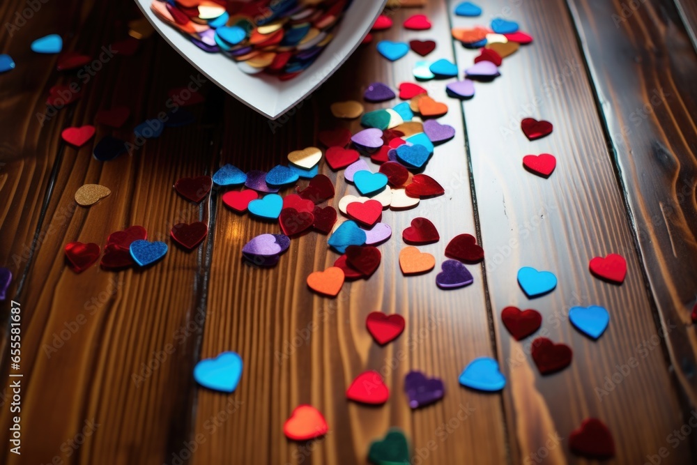 heart-shaped confetti scattered on a wooden table