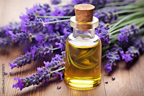 close-up of lavender essential oil in a glass bottle