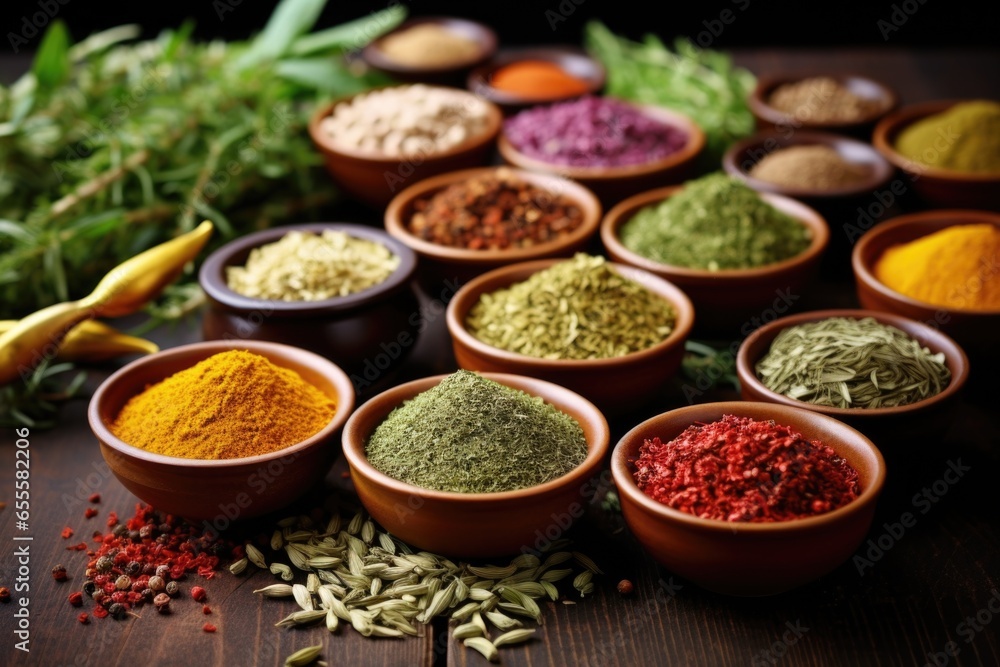 assorted colorful herbs and spices in small bowls