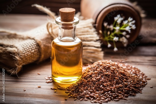 a bottle of flaxseed oil with raw flax seeds
