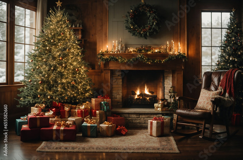 Cozy Christmas Scene A Fireplace, Rocking Chair, Presents, and a Festively Decorated Christmas Tree