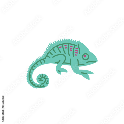 Green chameleon with curled tail, cartoon salamander character, vector illustration of exotic pet reptile animal