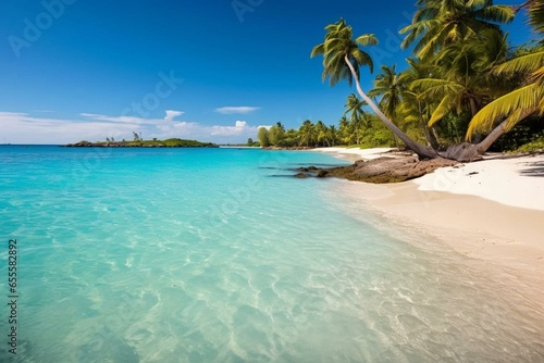 Tropical beach with calm, turquoise Caribbean waters. Generative AI