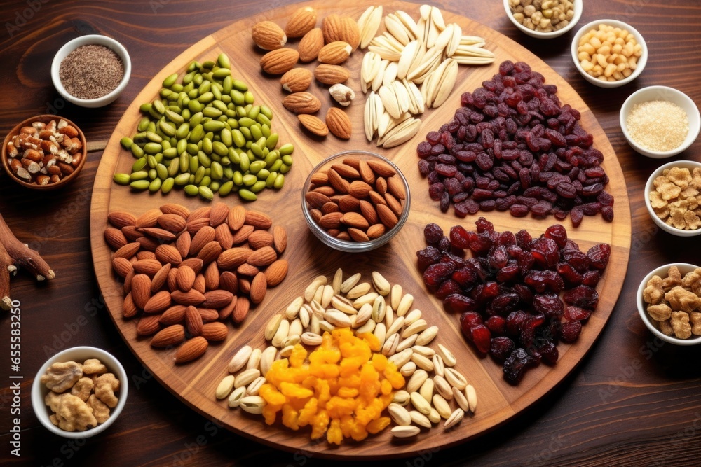 symmetrical arrangement of nuts and seeds on the wooden board symmetrical arrangement of nuts and seeds on the wooden board