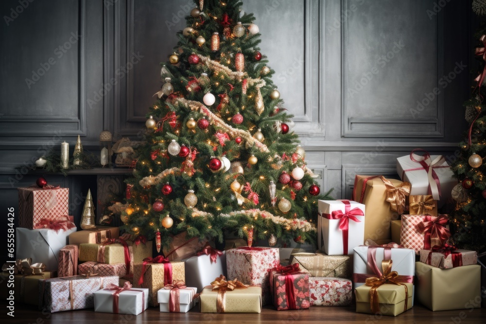 lush christmas tree surrounded by wrapped gifts