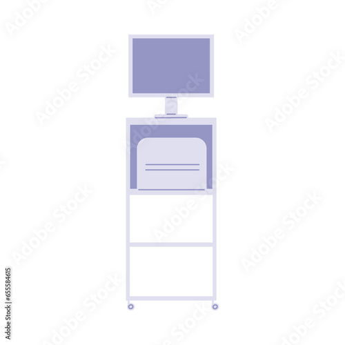 Furniture and equipment of veterinary office, vector table on wheels with diagnostics computer and documentation case