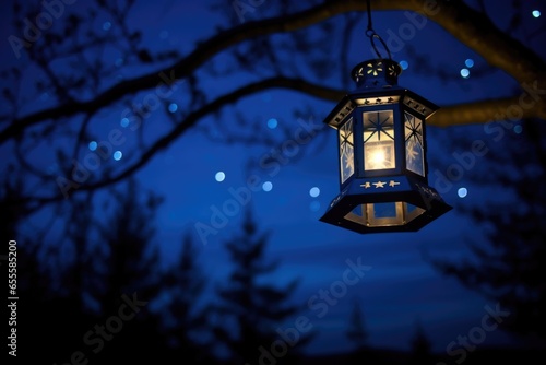lit lantern against a dark blue night sky