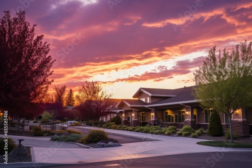 a hospice facility under a sunset sky