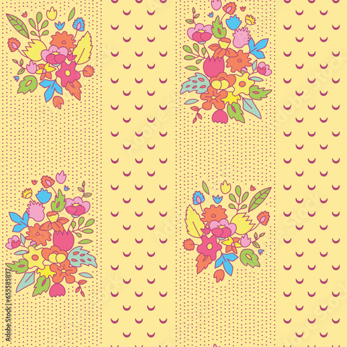 Childish cute cartoon colorful flower bouquets on yellow retro striped wallpaper seamless pattern, vector