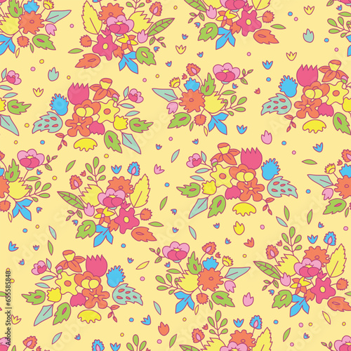 Childish cute cartoon colorful flower bouquets on yellow seamless pattern, vector