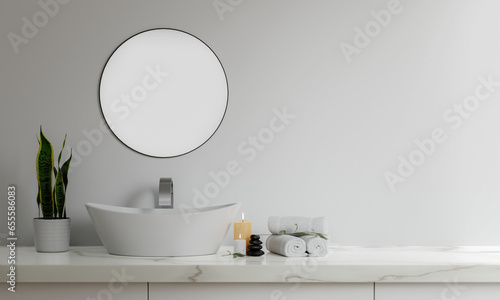 3D render an empty counter with ceramic washbasin and modern style faucet in a bathroom. Blank space for products display mockup. Background, Wall tiles.