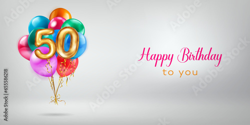 Festive birthday illustration with a bunch of colored helium balloons, golden foil balloons in the shape of the number 50 and lettering Happy Birthday to you on white background