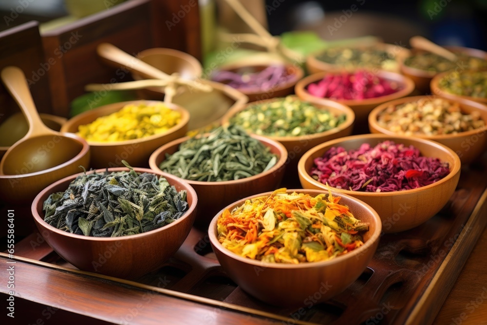 bowls of colorful tea leaves on a bamboo tray